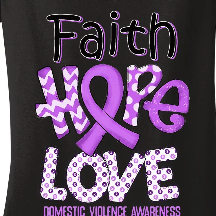 Believe Love Hope Purple Ribbon Domestic Violence Awareness Women's V-Neck T-Shirt