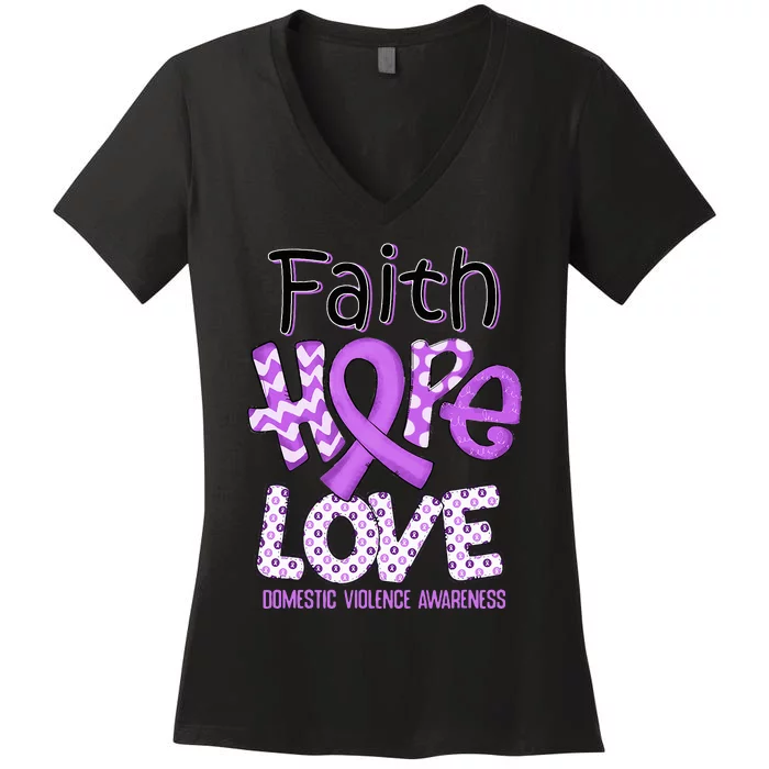 Believe Love Hope Purple Ribbon Domestic Violence Awareness Women's V-Neck T-Shirt