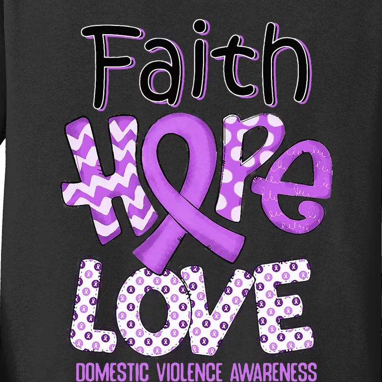 Believe Love Hope Purple Ribbon Domestic Violence Awareness Kids Long Sleeve Shirt