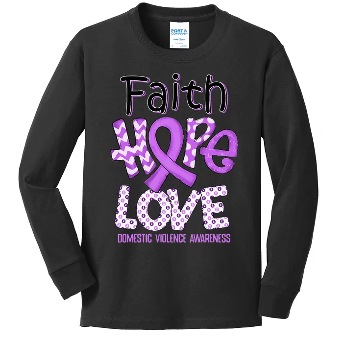 Believe Love Hope Purple Ribbon Domestic Violence Awareness Kids Long Sleeve Shirt