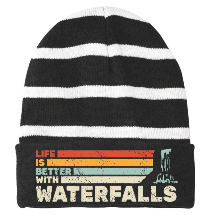 Backpacking Life Is Better With Waterfalls Retro Striped Beanie with Solid Band