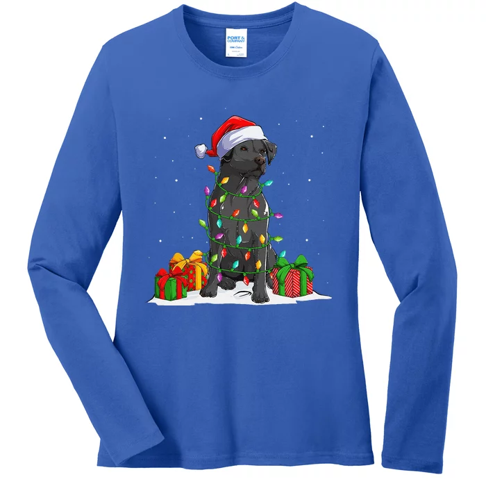 Black Lab Labrador Christmas Lights Pajama Dog Lover Xmas Ladies Long Sleeve Shirt