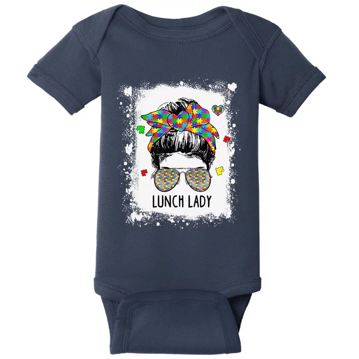 Bleached Lunch Lady Messy Bun Hair Woman Autism Awareness Baby Bodysuit