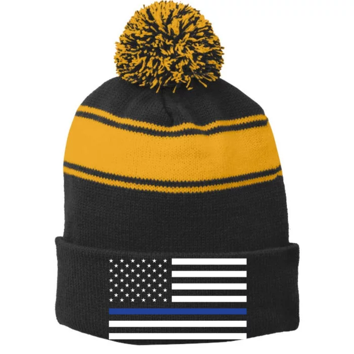 Blue Lives Matter Flag Stripe Pom Pom Beanie