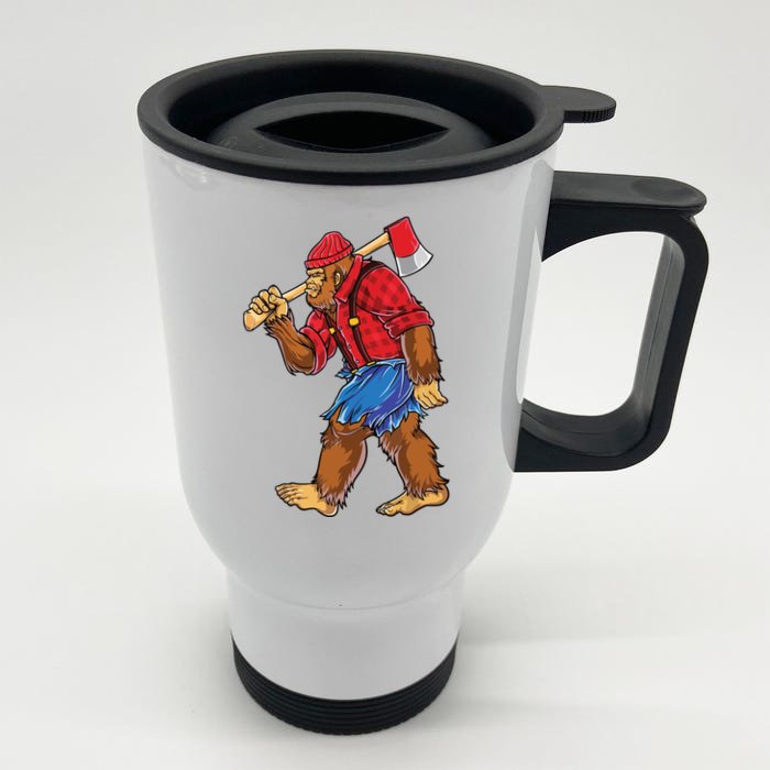 Bigfoot Lumberjack Men Funny Woodworking Sasquatch Lover Front & Back Stainless Steel Travel Mug