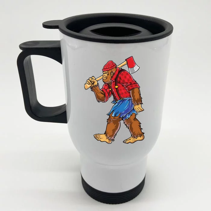 Bigfoot Lumberjack Men Funny Woodworking Sasquatch Lover Front & Back Stainless Steel Travel Mug