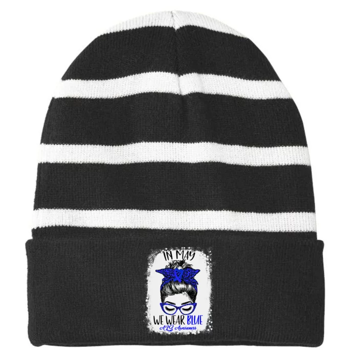 Bleached Leopard Messy Bun In May We Wear Blue ALS Awareness Striped Beanie with Solid Band