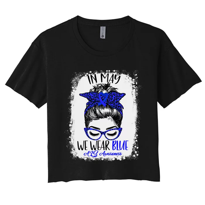 Bleached Leopard Messy Bun In May We Wear Blue ALS Awareness Women's Crop Top Tee