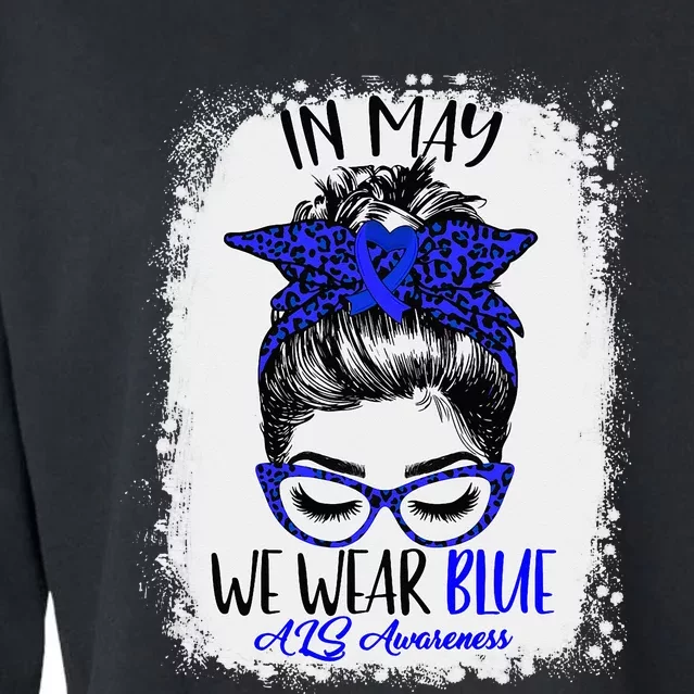 Bleached Leopard Messy Bun In May We Wear Blue ALS Awareness Cropped Pullover Crew