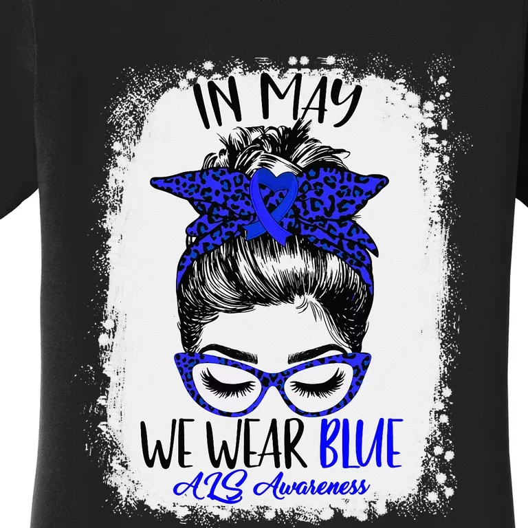 Bleached Leopard Messy Bun In May We Wear Blue ALS Awareness Women's T-Shirt