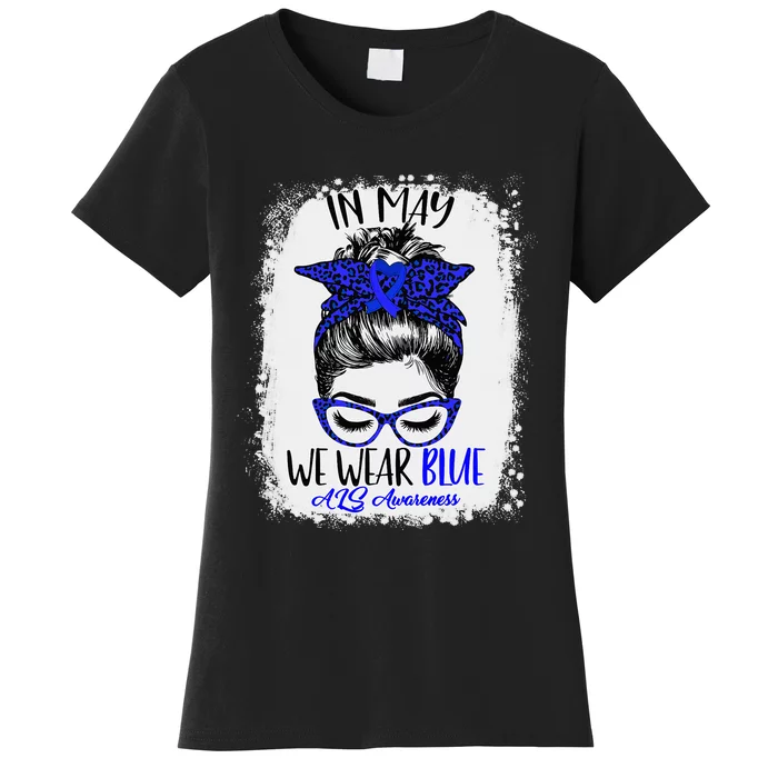 Bleached Leopard Messy Bun In May We Wear Blue ALS Awareness Women's T-Shirt