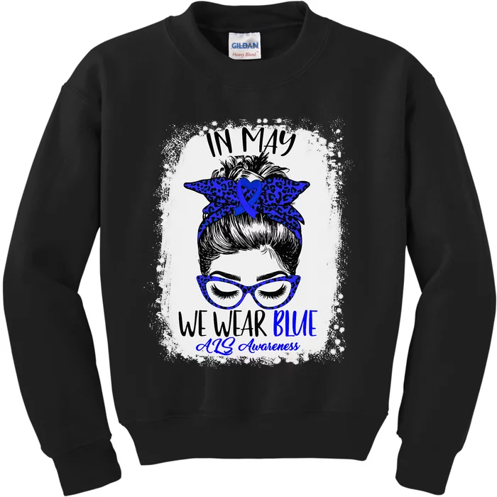 Bleached Leopard Messy Bun In May We Wear Blue ALS Awareness Kids Sweatshirt