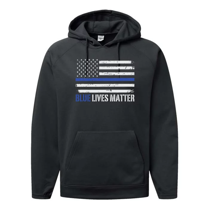 Blue Lives Matter Thin Blue Line American Flag Cop Performance Fleece Hoodie