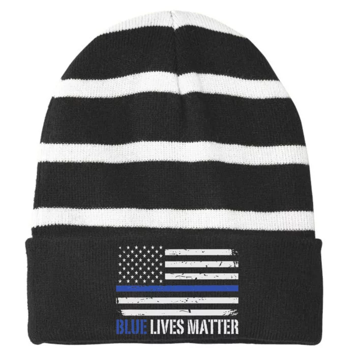 Blue Lives Matter Thin Blue Line American Flag Cop Striped Beanie with Solid Band