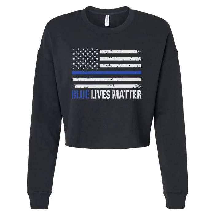 Blue Lives Matter Thin Blue Line American Flag Cop Cropped Pullover Crew