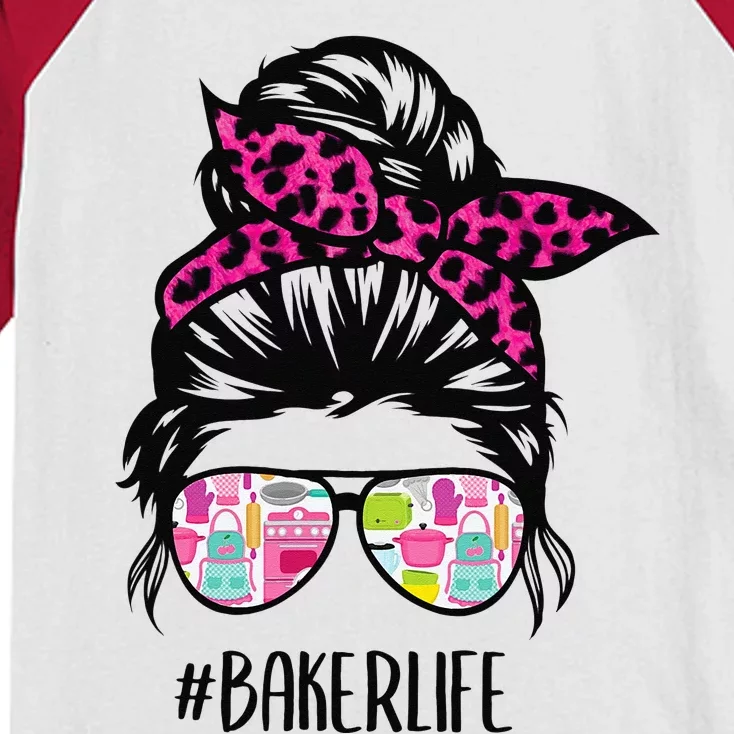 Baker Life Messy Bun Hair Baking Pink Pastry Baker Chef Kids Colorblock Raglan Jersey