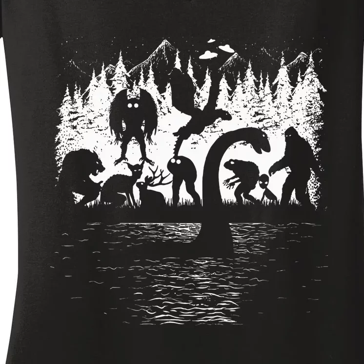 Bigfoot Loch Ness Monster Mothman Chupacabra Aliens Cryptid Women's V-Neck T-Shirt