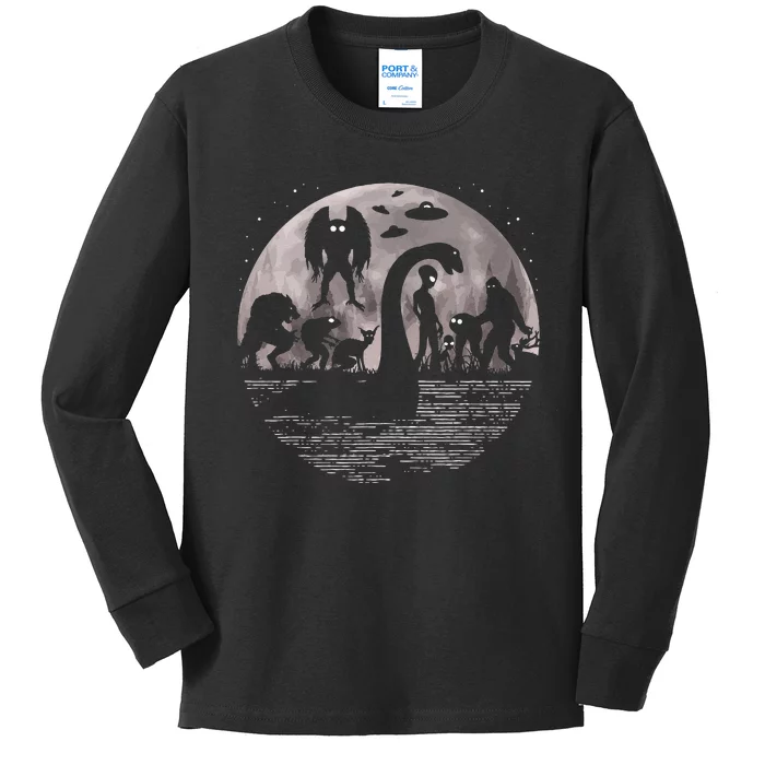 Bigfoot Loch Ness Monster Mothman And Aliens! Funny Cryptid Kids Long Sleeve Shirt