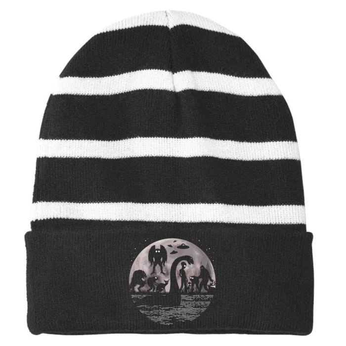 Bigfoot Loch Ness Monster Mothman And Aliens! Funny Cryptid Striped Beanie with Solid Band