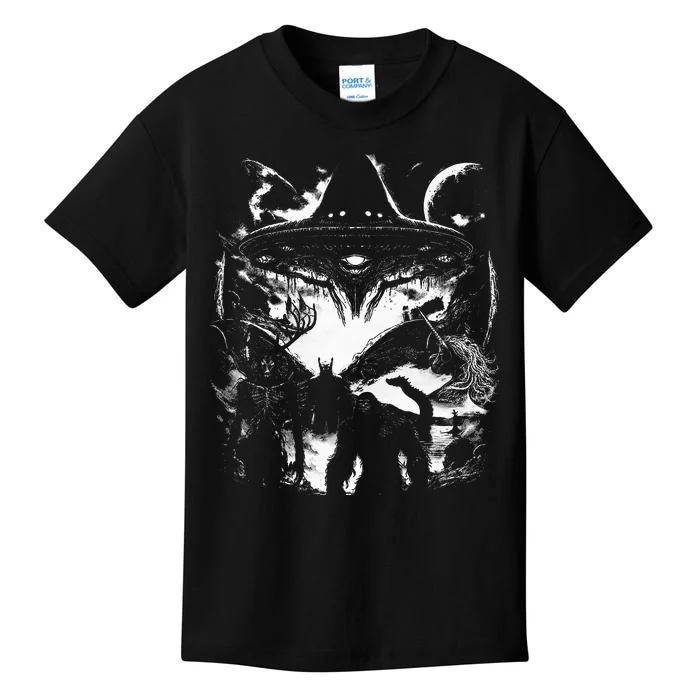 Bigfoot Loch Ness Monster Mothman Wendigo Alien Cryptid Kids T-Shirt