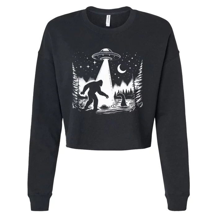 Bigfoot Loch Ness Monster & Ufo Alien Spaceship Cropped Pullover Crew