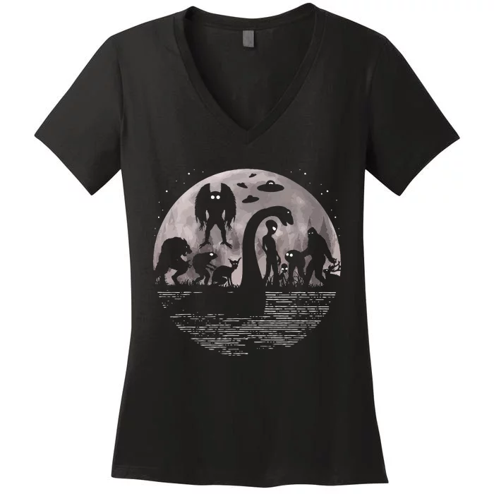 Bigfoot Loch Ness Monster Mothman And Aliens! Funny Cryptid Women's V-Neck T-Shirt