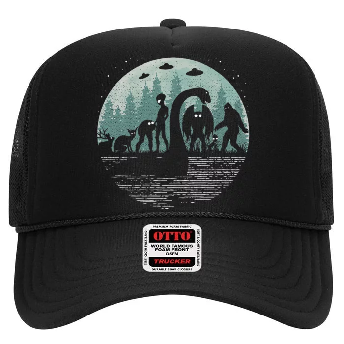 Bigfoot Loch Ness Monster With Mothman Aliens! Funny Cryptid High Crown Mesh Trucker Hat