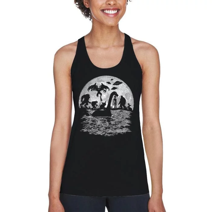 Bigfoot Loch Ness Monster Mothman And Aliens Funny Cryptid Women's Racerback Tank