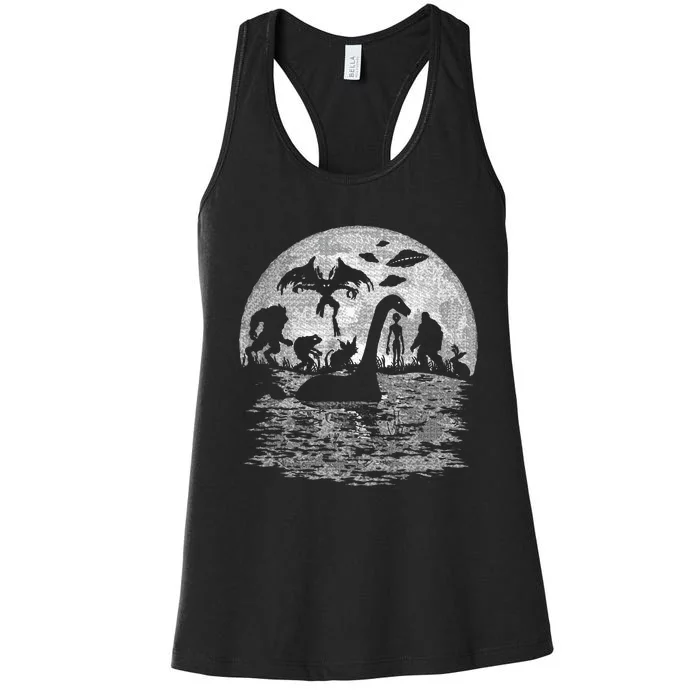 Bigfoot Loch Ness Monster Mothman And Aliens Funny Cryptid Women's Racerback Tank