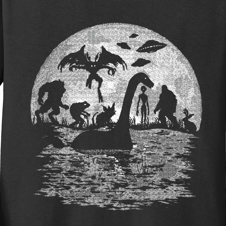 Bigfoot Loch Ness Monster Mothman And Aliens Funny Cryptid Kids Long Sleeve Shirt