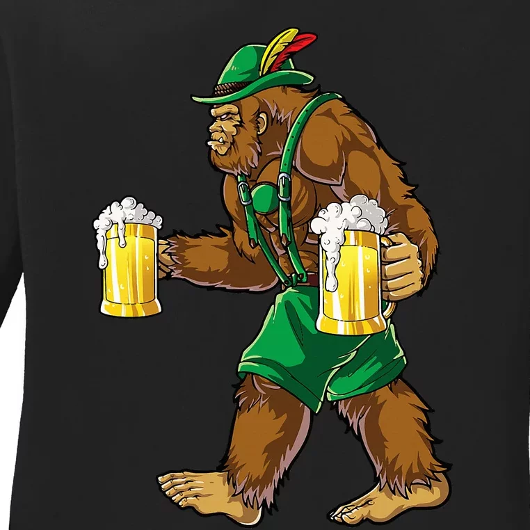 Bigfoot Lederhosen Oktoberfest Prost Beer Mug Ladies Long Sleeve Shirt