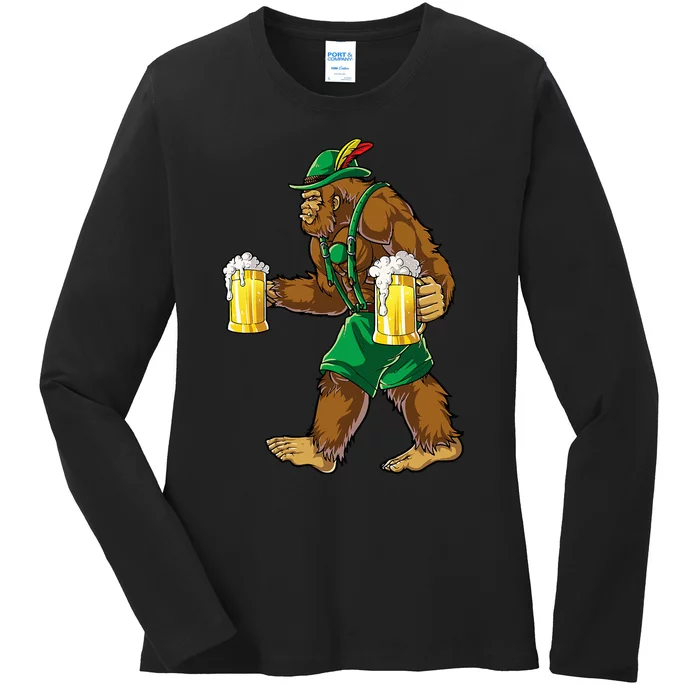 Bigfoot Lederhosen Oktoberfest Prost Beer Mug Ladies Long Sleeve Shirt