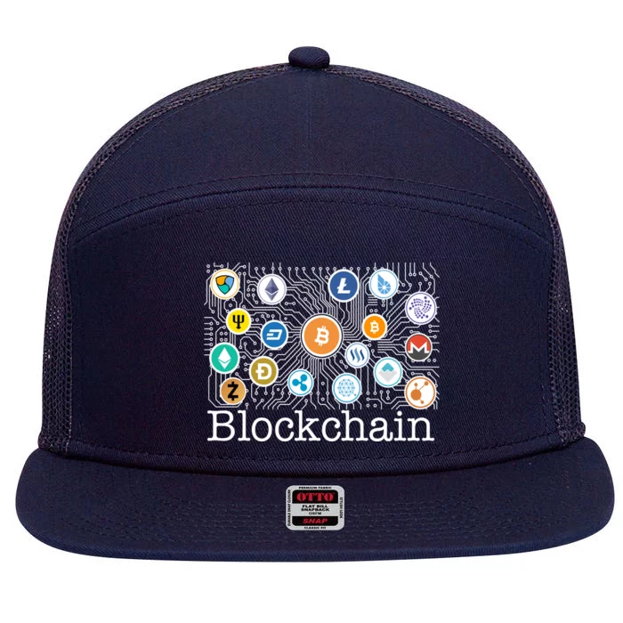 Blockchain Cryptocurrency Logos 7 Panel Mesh Trucker Snapback Hat