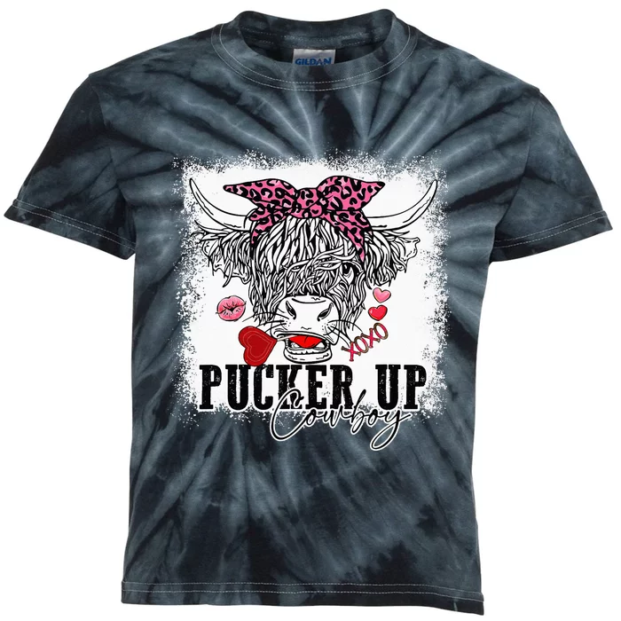 Bleached Leopard Pucker Up Cow Highland Cow Valentines Kids Tie-Dye T-Shirt