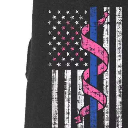 Blue Line Police Us Flag Pink Ribbon Breast Cancer Awareness Doggie 3-End Fleece Hoodie