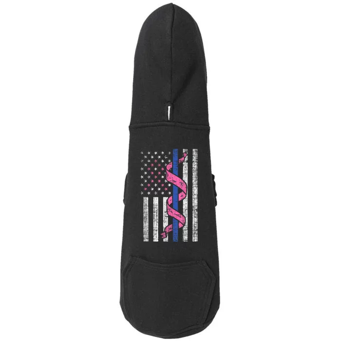 Blue Line Police Us Flag Pink Ribbon Breast Cancer Awareness Doggie 3-End Fleece Hoodie