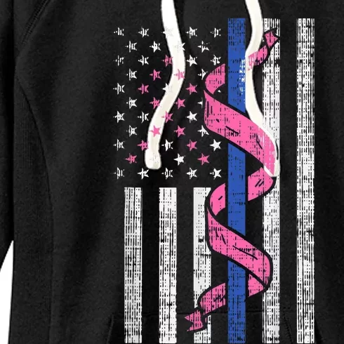 Blue Line Police Us Flag Pink Ribbon Breast Cancer Awareness Women's Fleece Hoodie