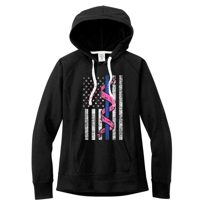 Blue Line Police Us Flag Pink Ribbon Breast Cancer Awareness Women's Fleece Hoodie