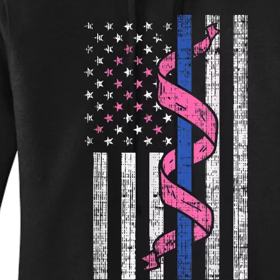 Blue Line Police Us Flag Pink Ribbon Breast Cancer Awareness Women's Pullover Hoodie