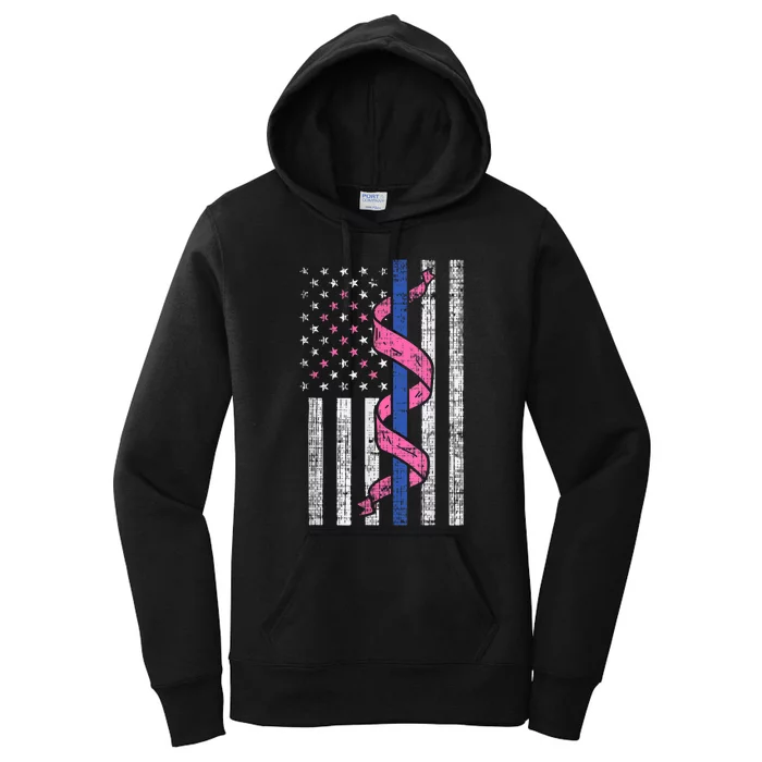 Blue Line Police Us Flag Pink Ribbon Breast Cancer Awareness Women's Pullover Hoodie