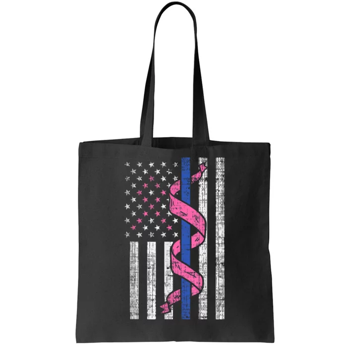 Blue Line Police Us Flag Pink Ribbon Breast Cancer Awareness Tote Bag