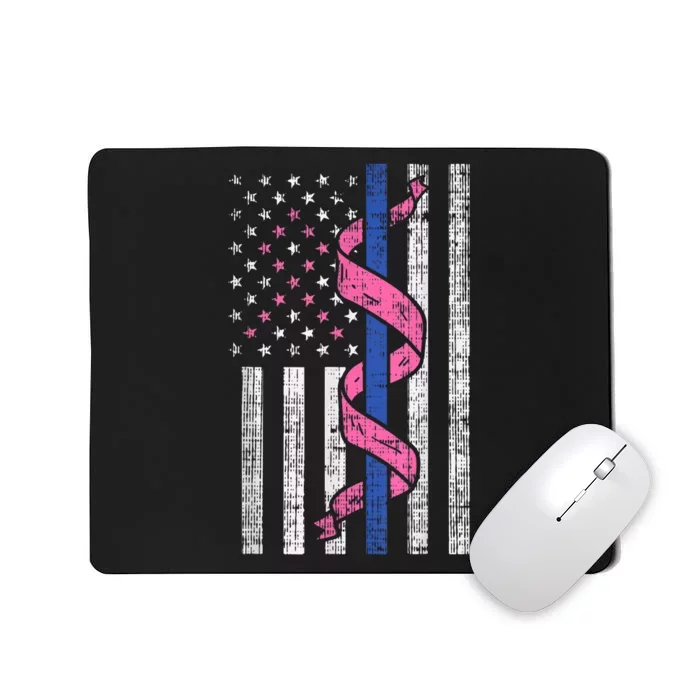 Blue Line Police Us Flag Pink Ribbon Breast Cancer Awareness Mousepad