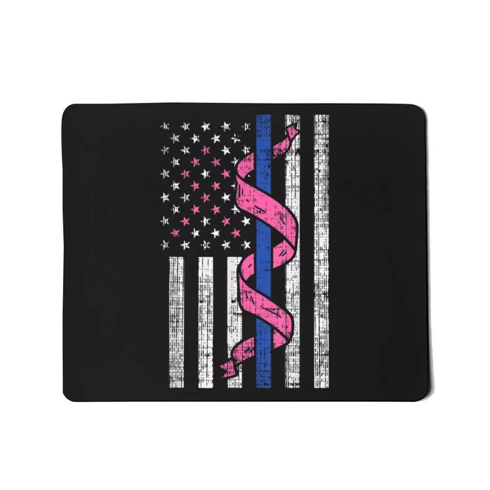 Blue Line Police Us Flag Pink Ribbon Breast Cancer Awareness Mousepad