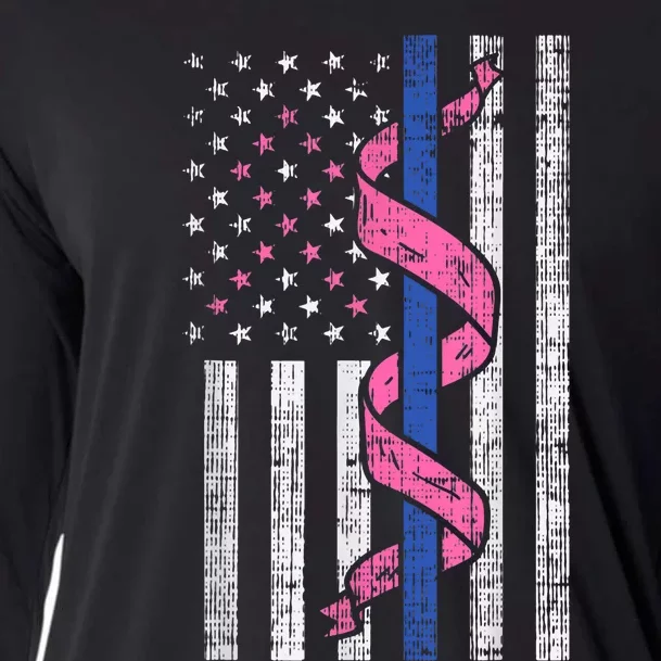 Blue Line Police Us Flag Pink Ribbon Breast Cancer Awareness Cooling Performance Long Sleeve Crew