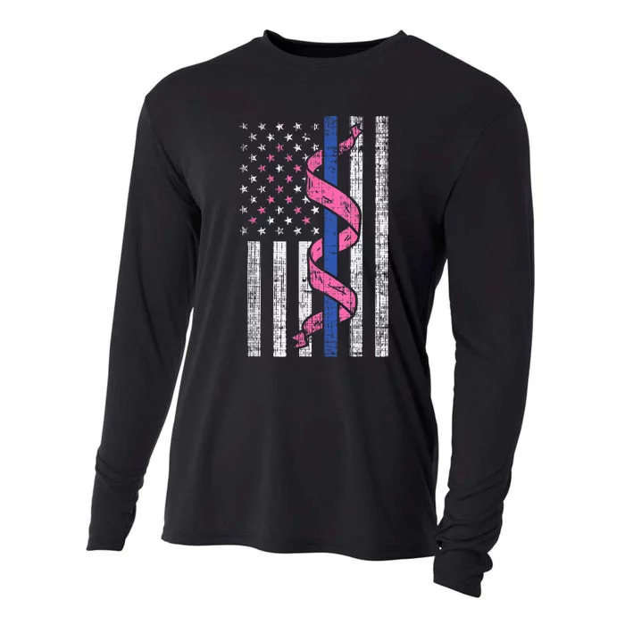 Blue Line Police Us Flag Pink Ribbon Breast Cancer Awareness Cooling Performance Long Sleeve Crew