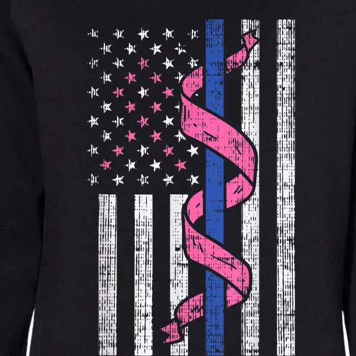 Blue Line Police Us Flag Pink Ribbon Breast Cancer Awareness Womens California Wash Sweatshirt