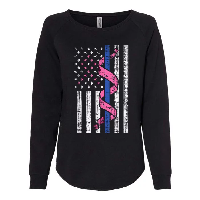 Blue Line Police Us Flag Pink Ribbon Breast Cancer Awareness Womens California Wash Sweatshirt