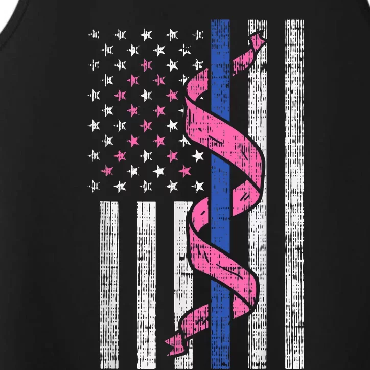 Blue Line Police Us Flag Pink Ribbon Breast Cancer Awareness Performance Tank