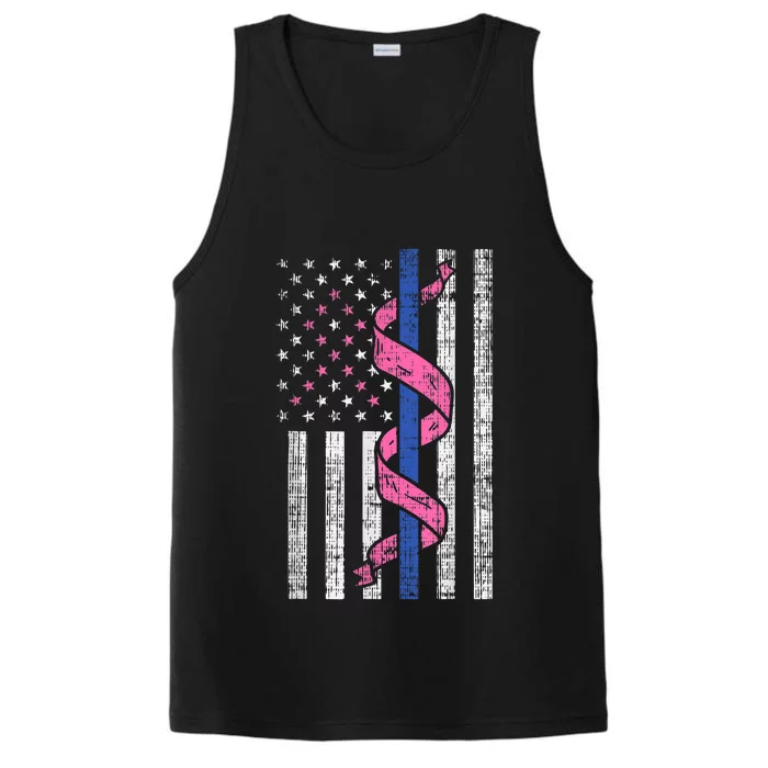 Blue Line Police Us Flag Pink Ribbon Breast Cancer Awareness Performance Tank