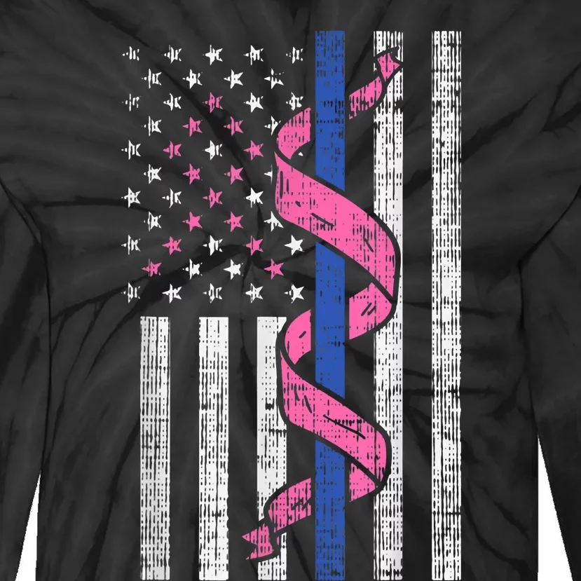 Blue Line Police Us Flag Pink Ribbon Breast Cancer Awareness Tie-Dye Long Sleeve Shirt